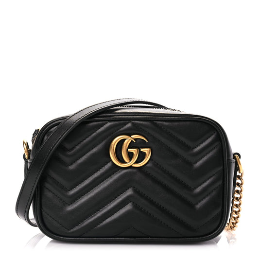 Gucci Calfskin Matelasse Mini GG Marmont Chain Shoulder Bag Black