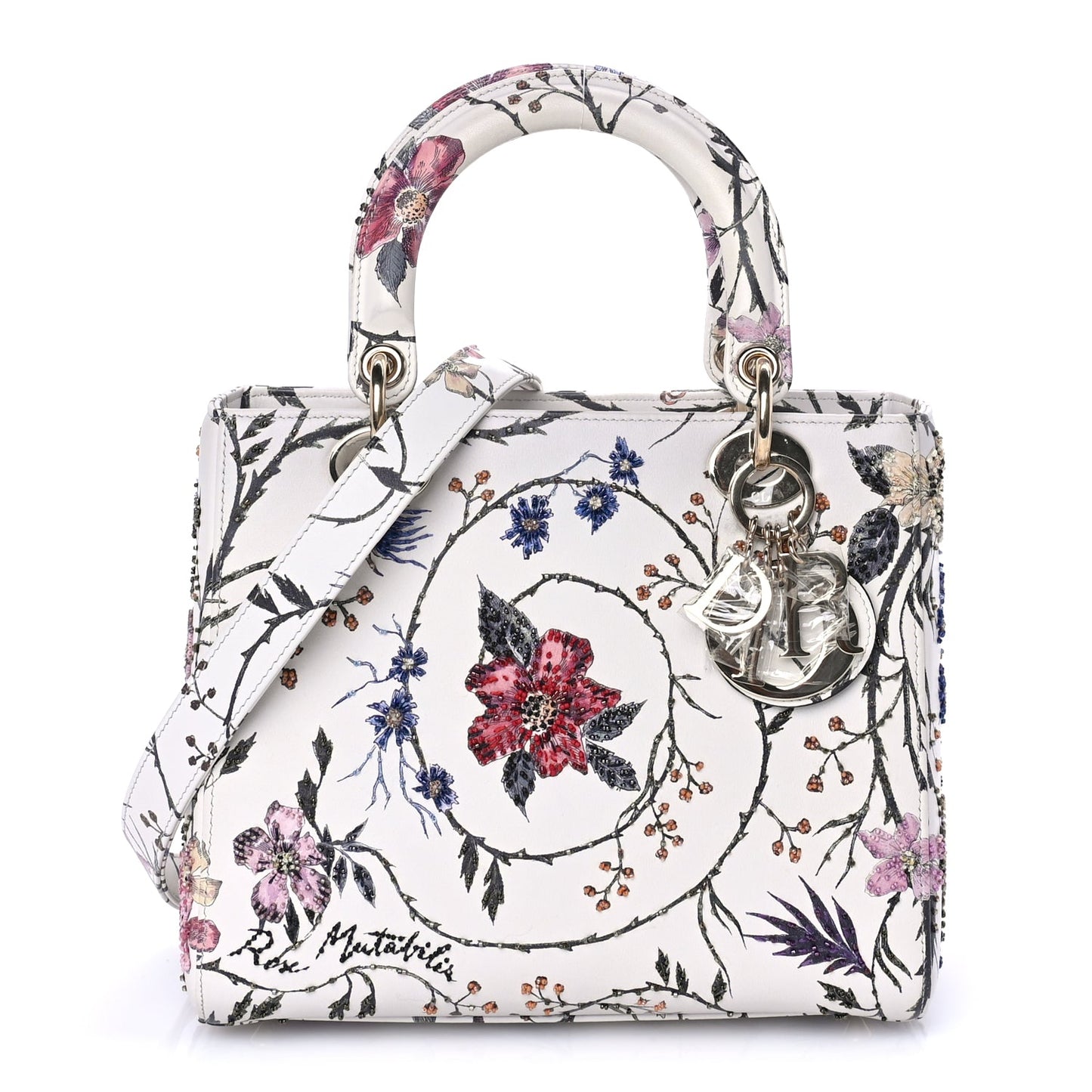Christian Dior Calfskin Rosa Mutabilis Embroidered Medium Lady Dior  White Multicolor
