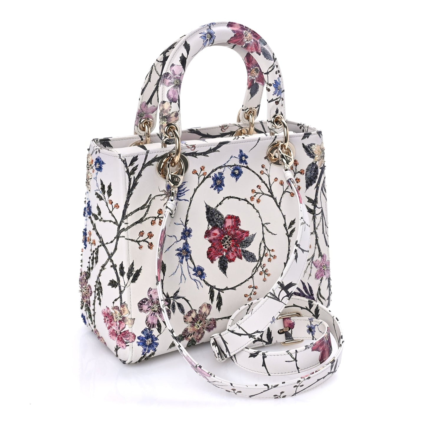 Christian Dior Calfskin Rosa Mutabilis Embroidered Medium Lady Dior  White Multicolor