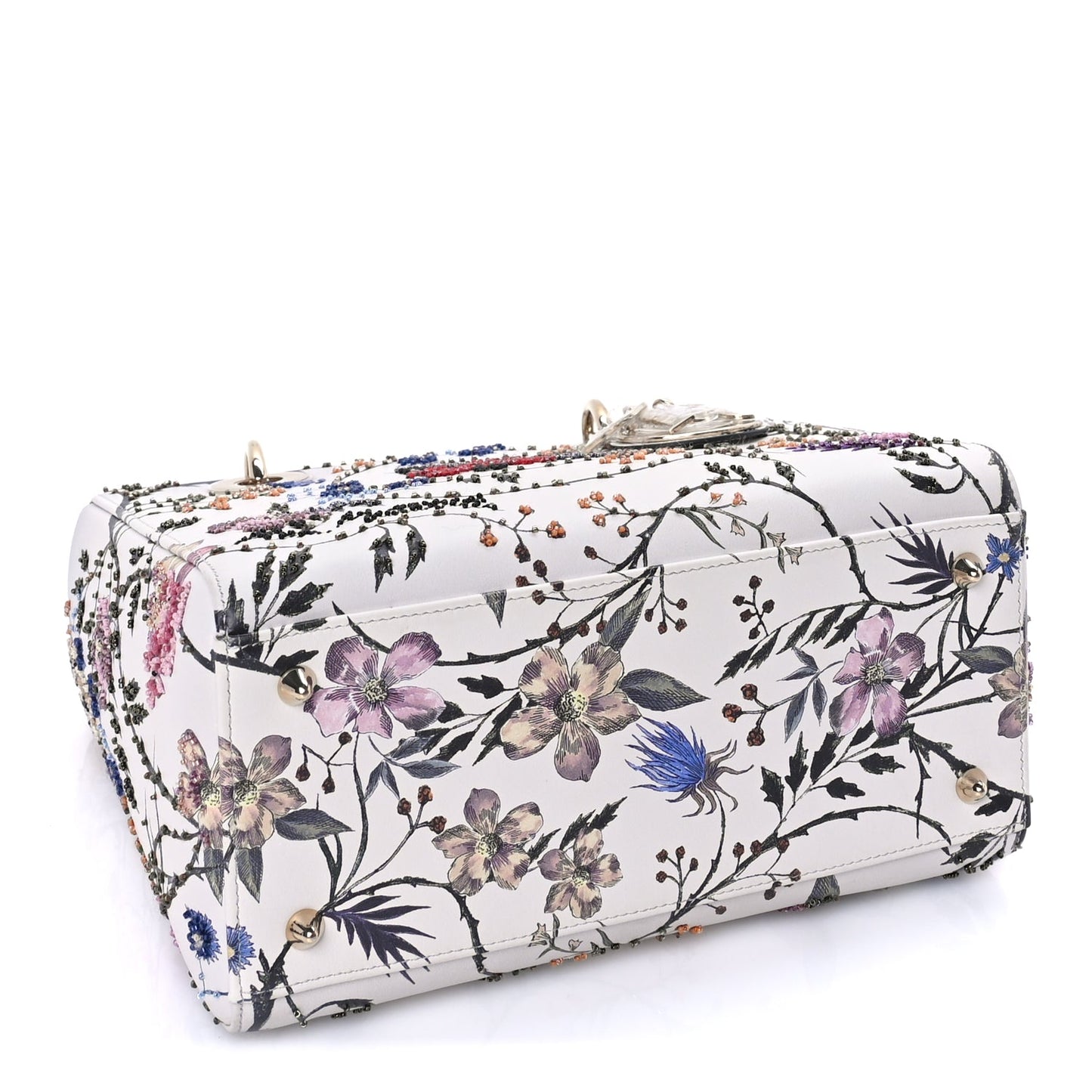 Christian Dior Calfskin Rosa Mutabilis Embroidered Medium Lady Dior  White Multicolor