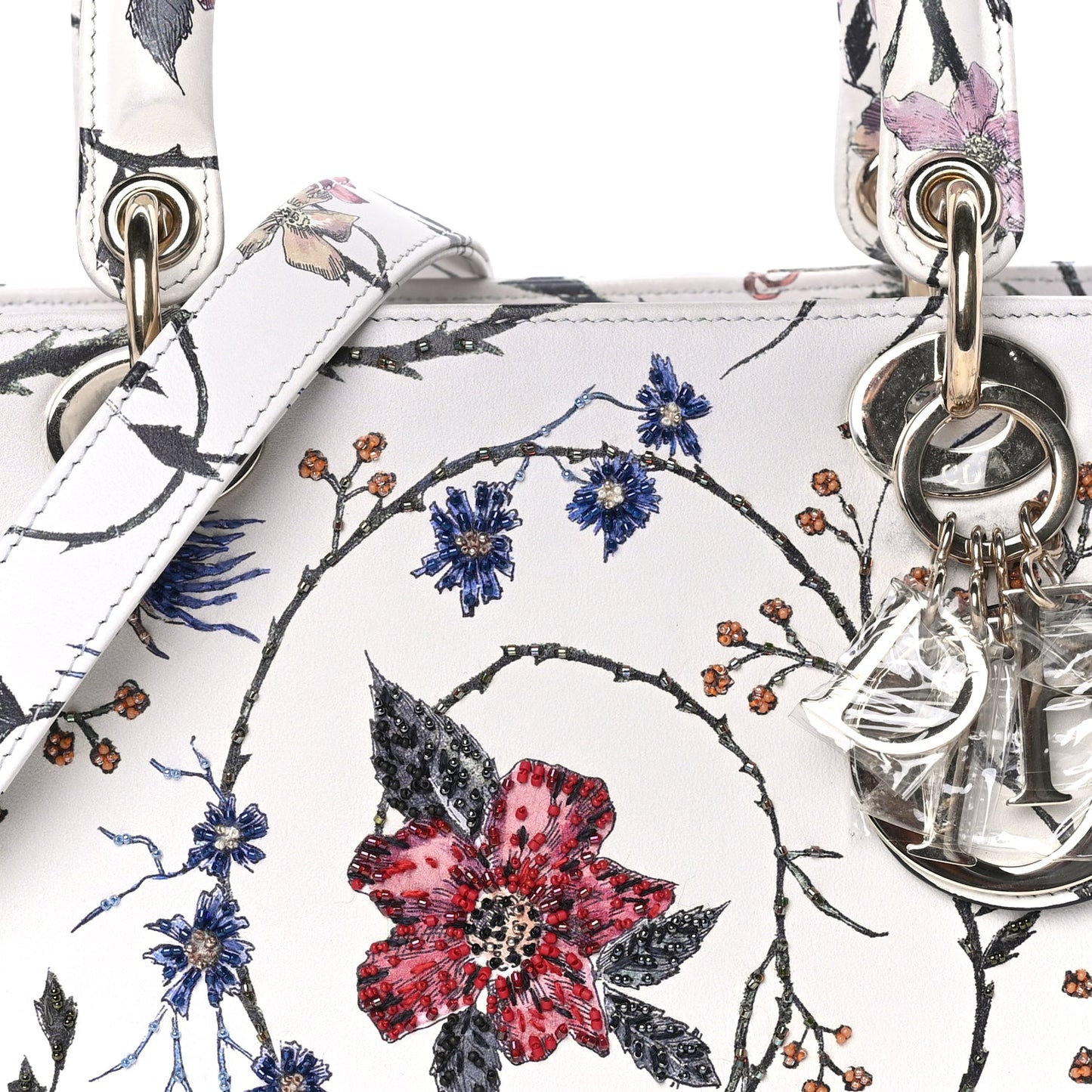 Christian Dior Calfskin Rosa Mutabilis Embroidered Medium Lady Dior  White Multicolor