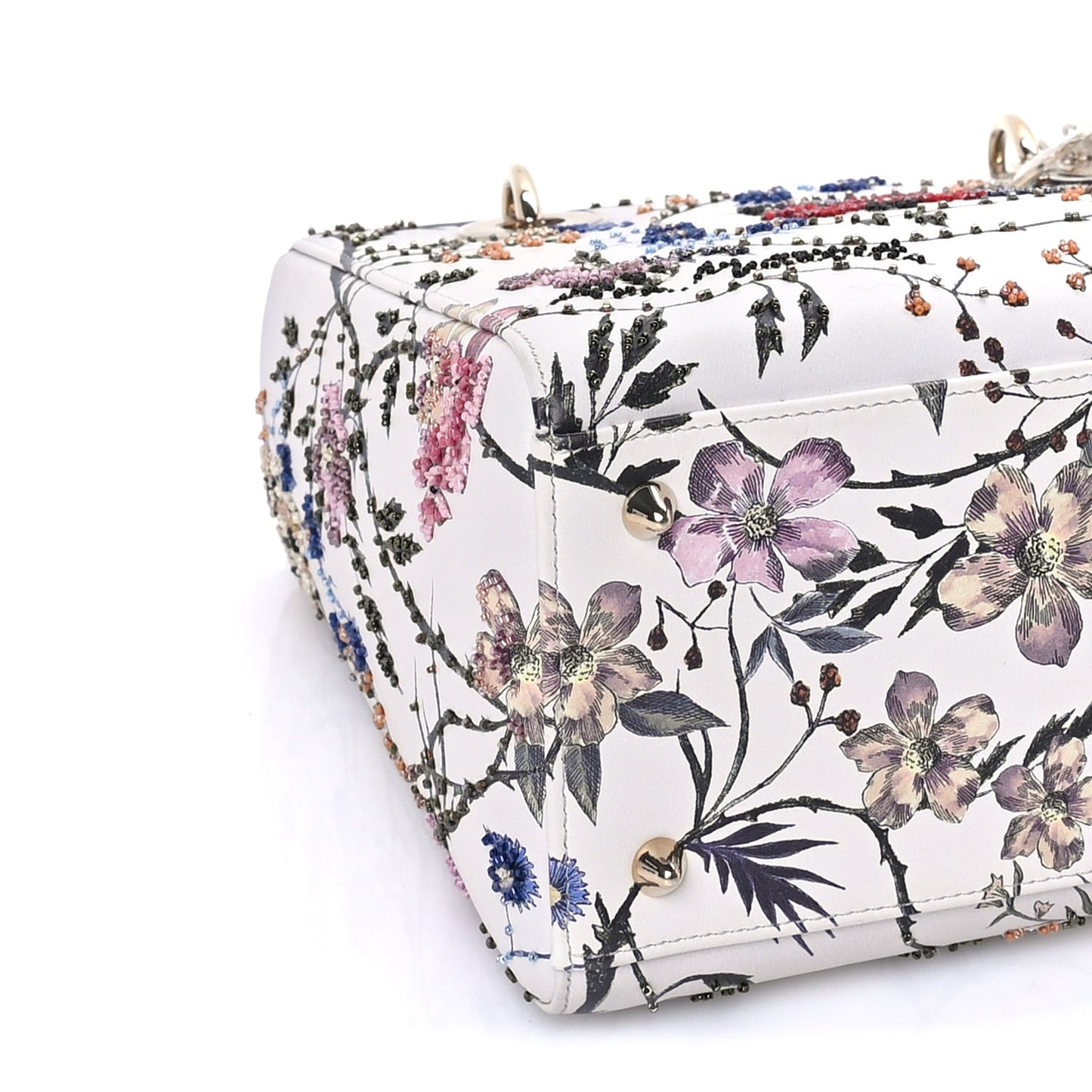 Christian Dior Calfskin Rosa Mutabilis Embroidered Medium Lady Dior  White Multicolor