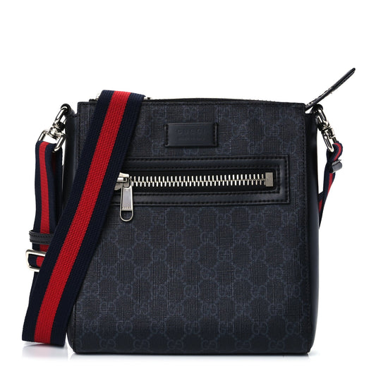 Gucci GG Supreme Monogram Web Small Flat Messenger Bag Black Grey