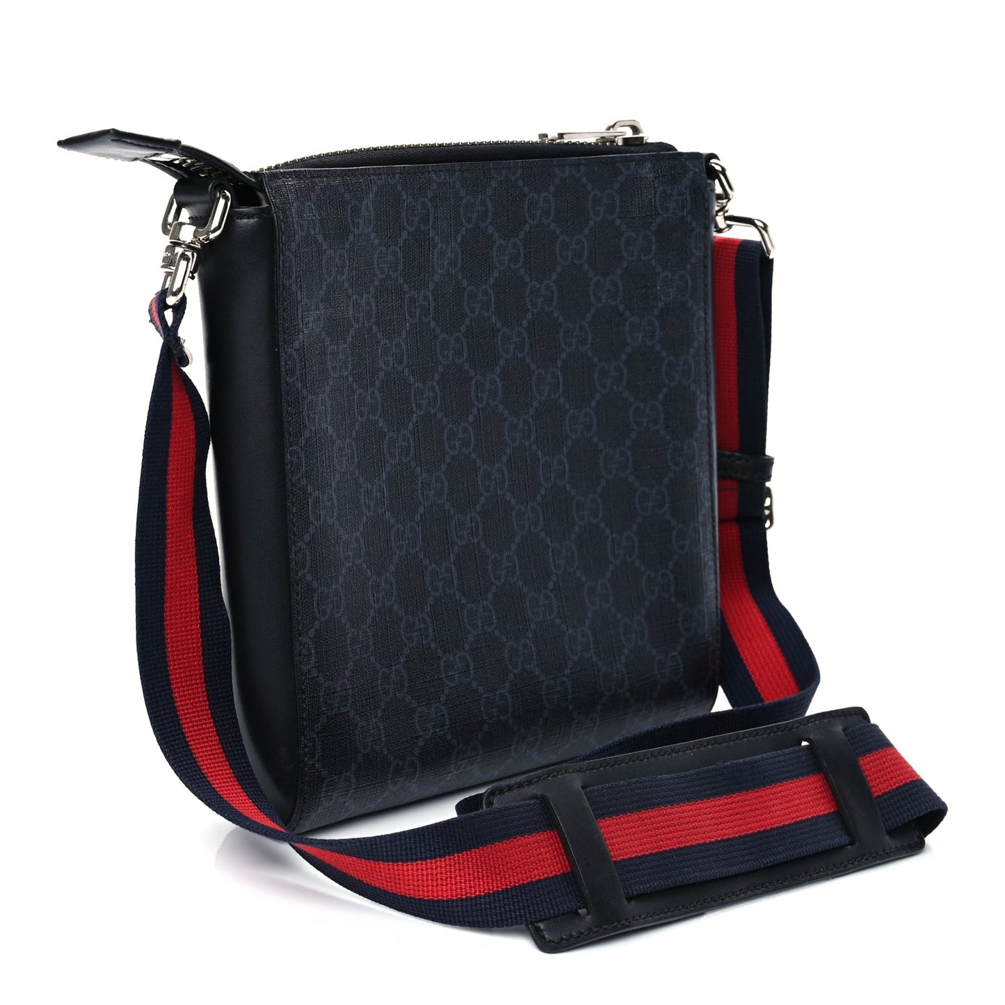 Gucci GG Supreme Monogram Web Small Flat Messenger Bag Black Grey