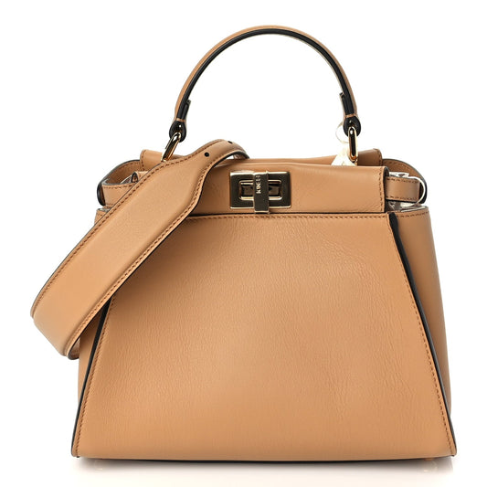 Fendi Vitello Seta Canvas FF Embroidered Mini Peekaboo Iconic Satchel Miele Scuro Poudre