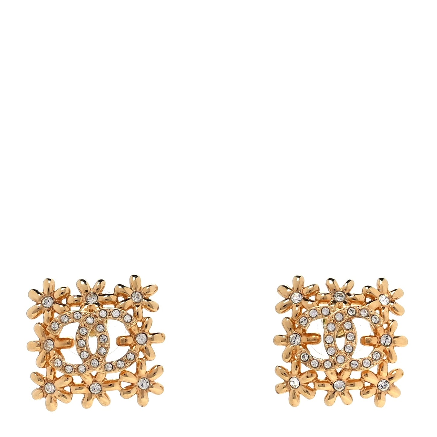 Chanel Crystal CC Flower Earrings Gold