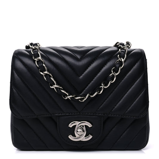 Chanel Lambskin Chevron Quilted Mini Square Flap  Black