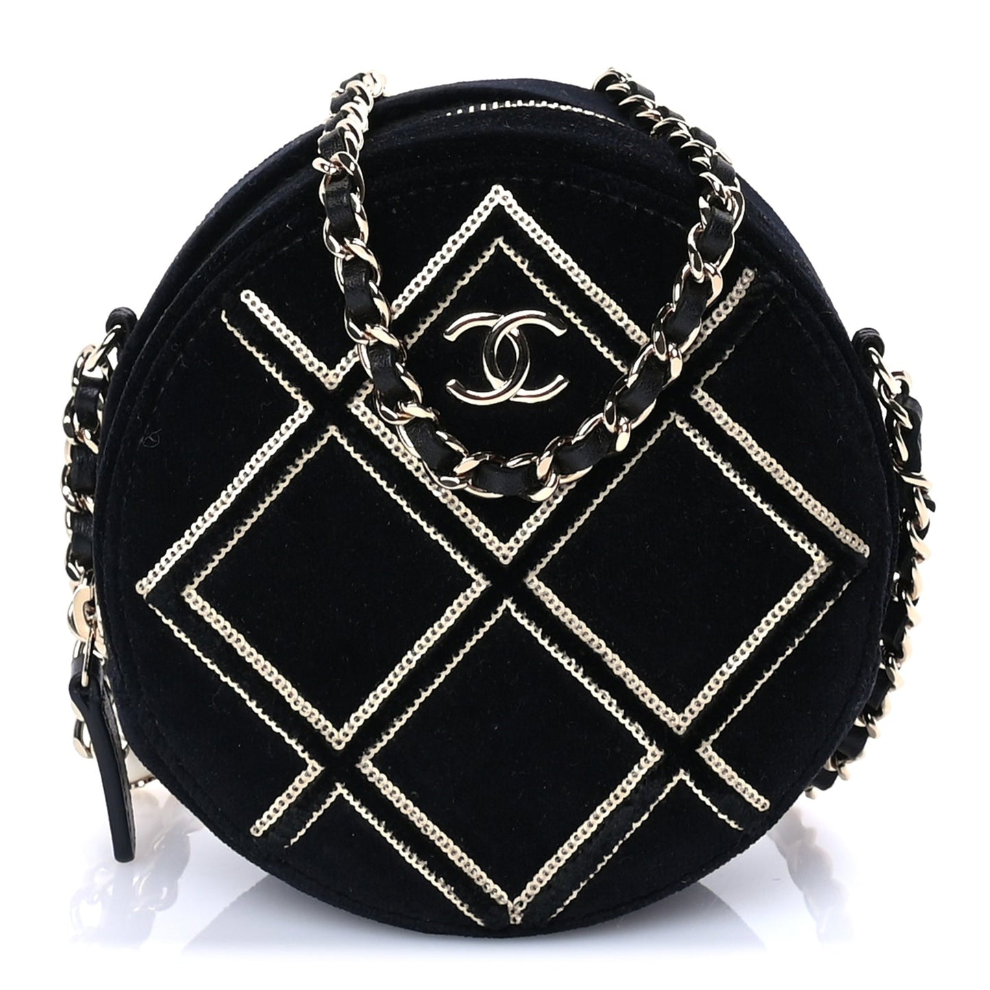 Chanel Velvet Sequin Round Clutch With Chain  Black
