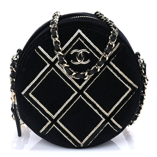 Chanel Velvet Sequin Round Clutch With Chain  Black