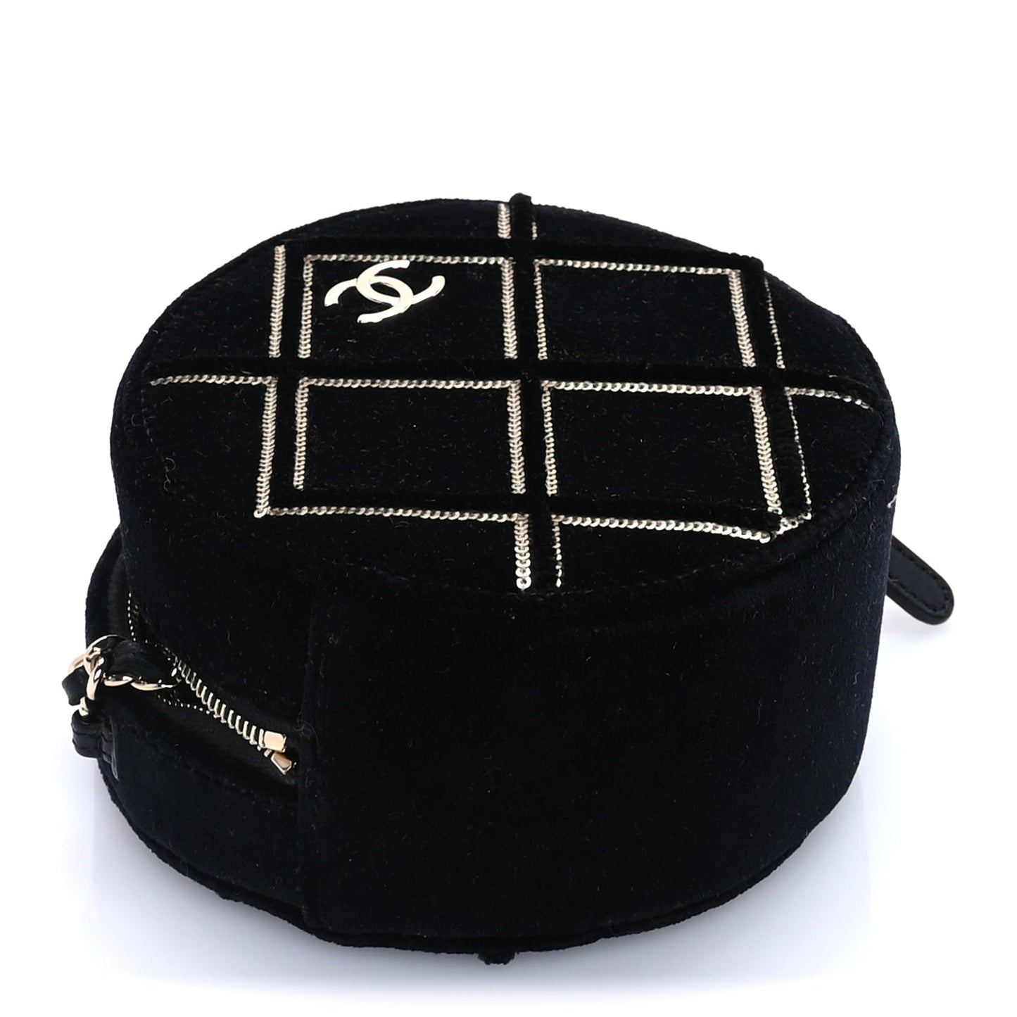 Chanel Velvet Sequin Round Clutch With Chain  Black