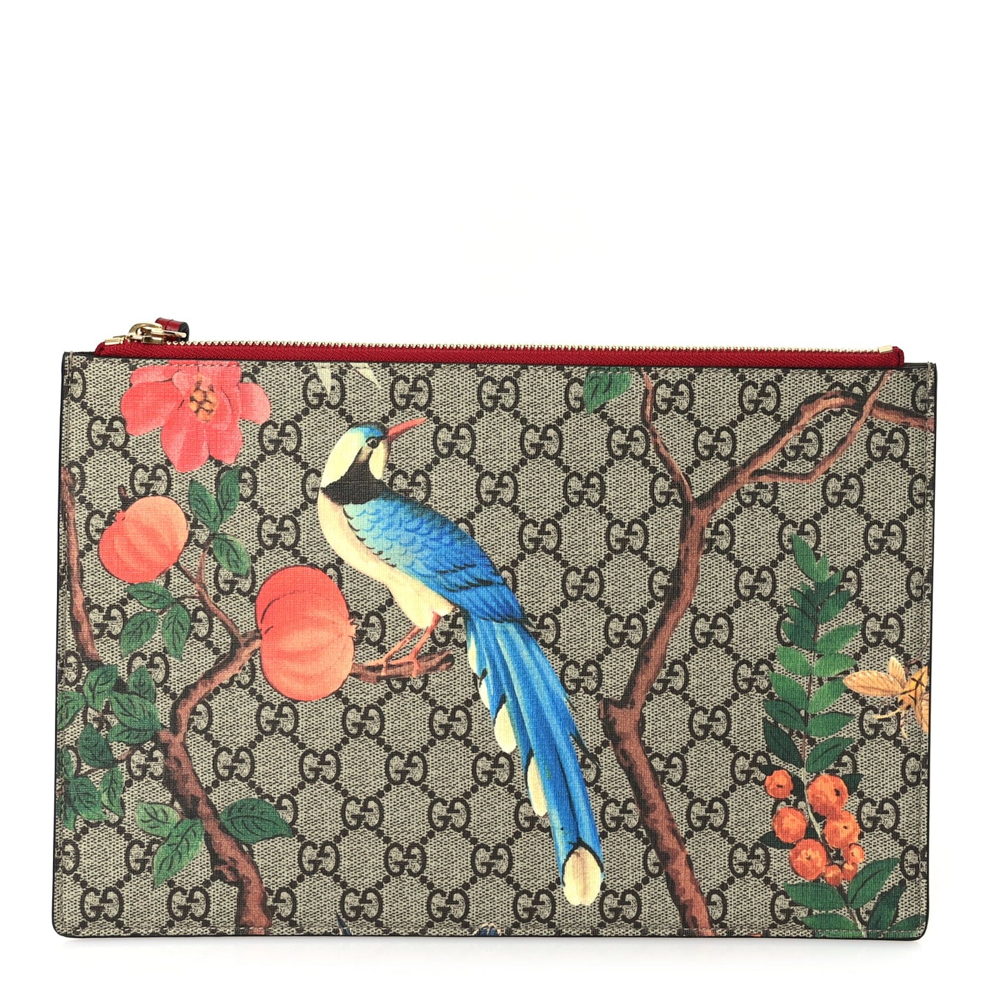 Gucci GG Supreme Monogram Tian Large Zip Pouch Beige Multicolor Red