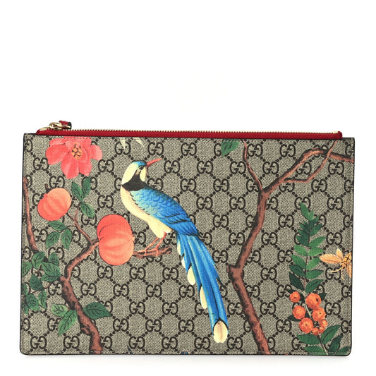Gucci GG Supreme Monogram Tian Large Zip Pouch Beige Multicolor Red