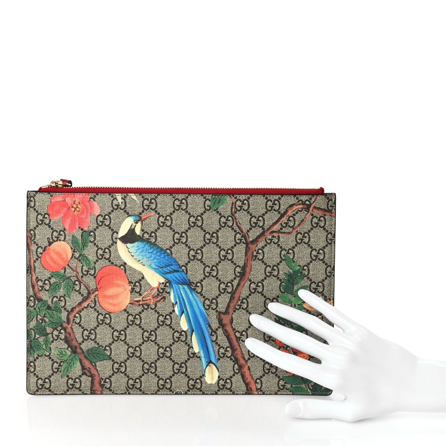 Gucci GG Supreme Monogram Tian Large Zip Pouch Beige Multicolor Red