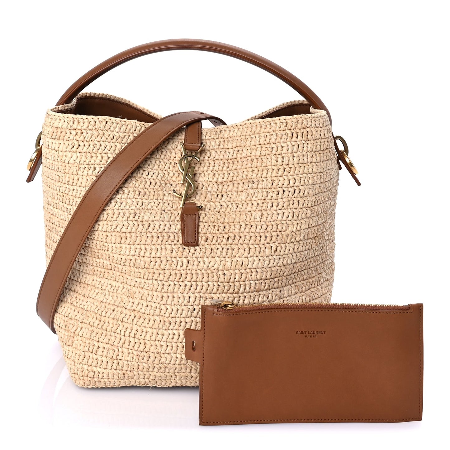 Saint Laurent Raffia Vegetable Tanned Calfskin Le 37 Bucket Bag Natural Brick