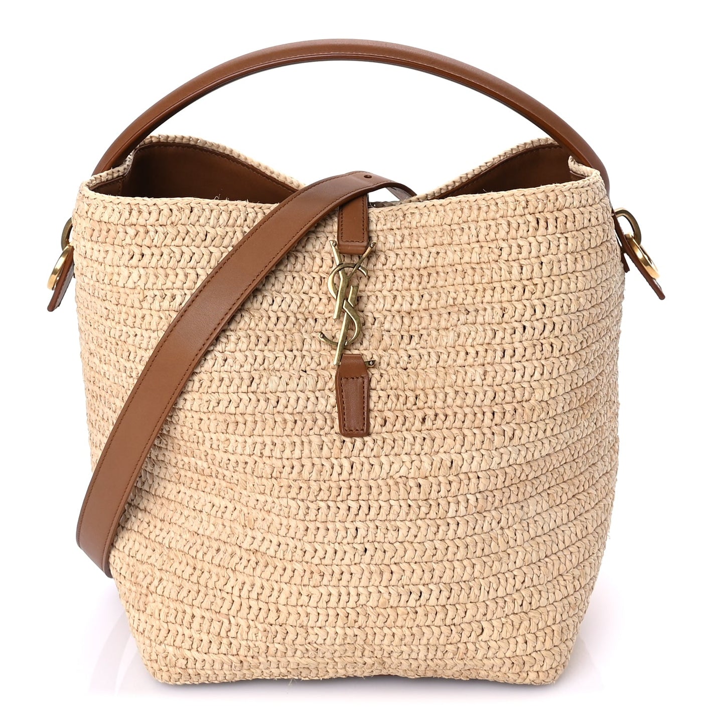 Saint Laurent Raffia Vegetable Tanned Calfskin Le 37 Bucket Bag Natural Brick
