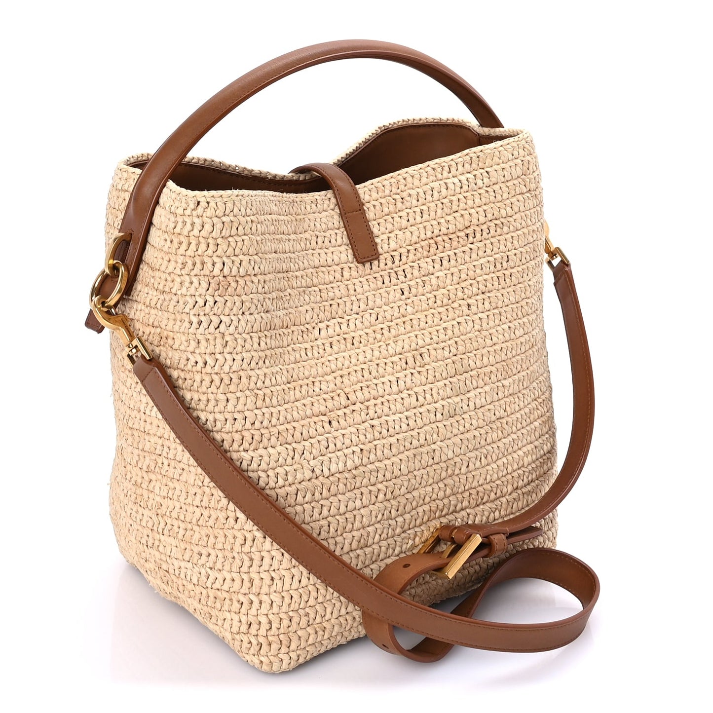 Saint Laurent Raffia Vegetable Tanned Calfskin Le 37 Bucket Bag Natural Brick