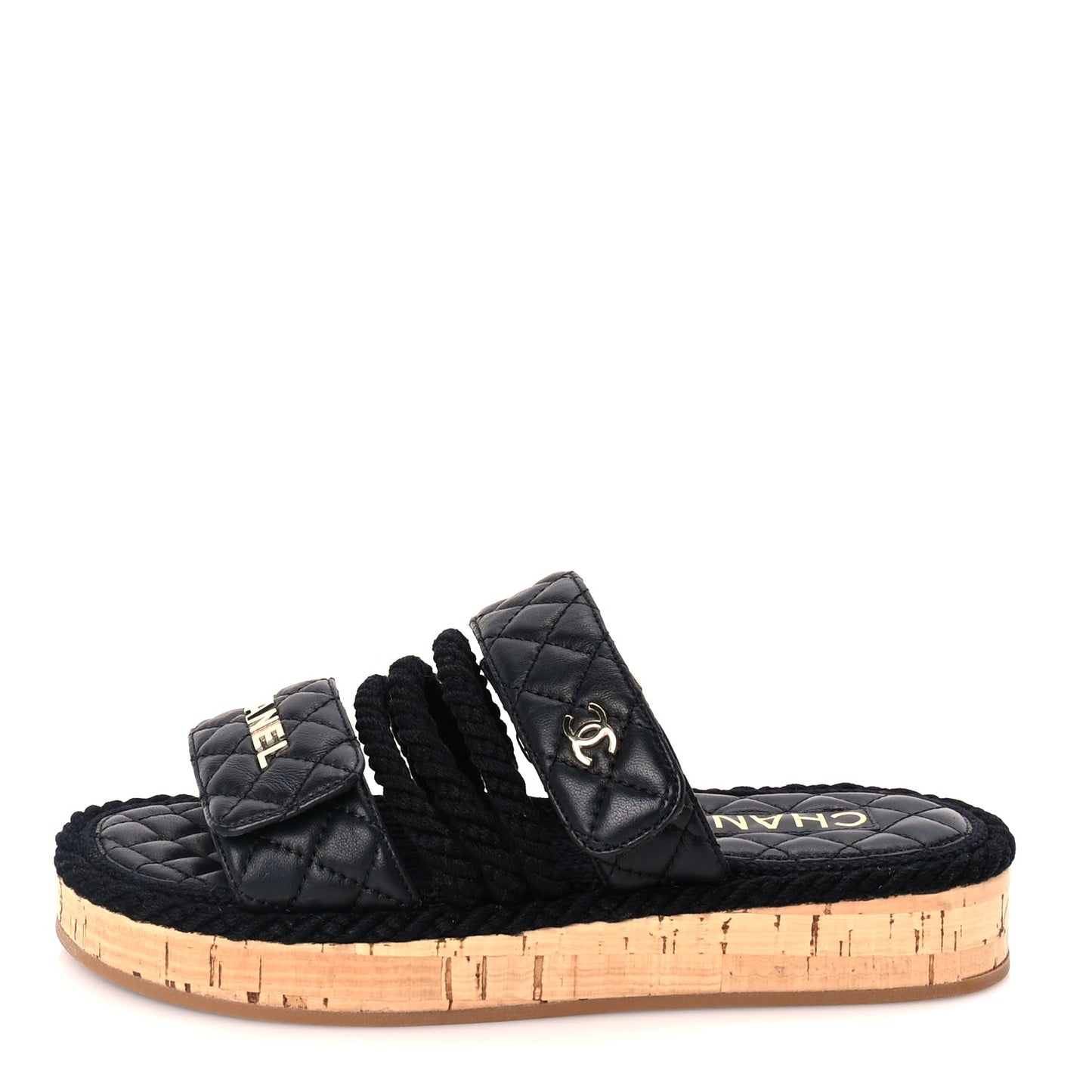 Chanel Cord Lambskin Quilted Logo Mules 36  Black