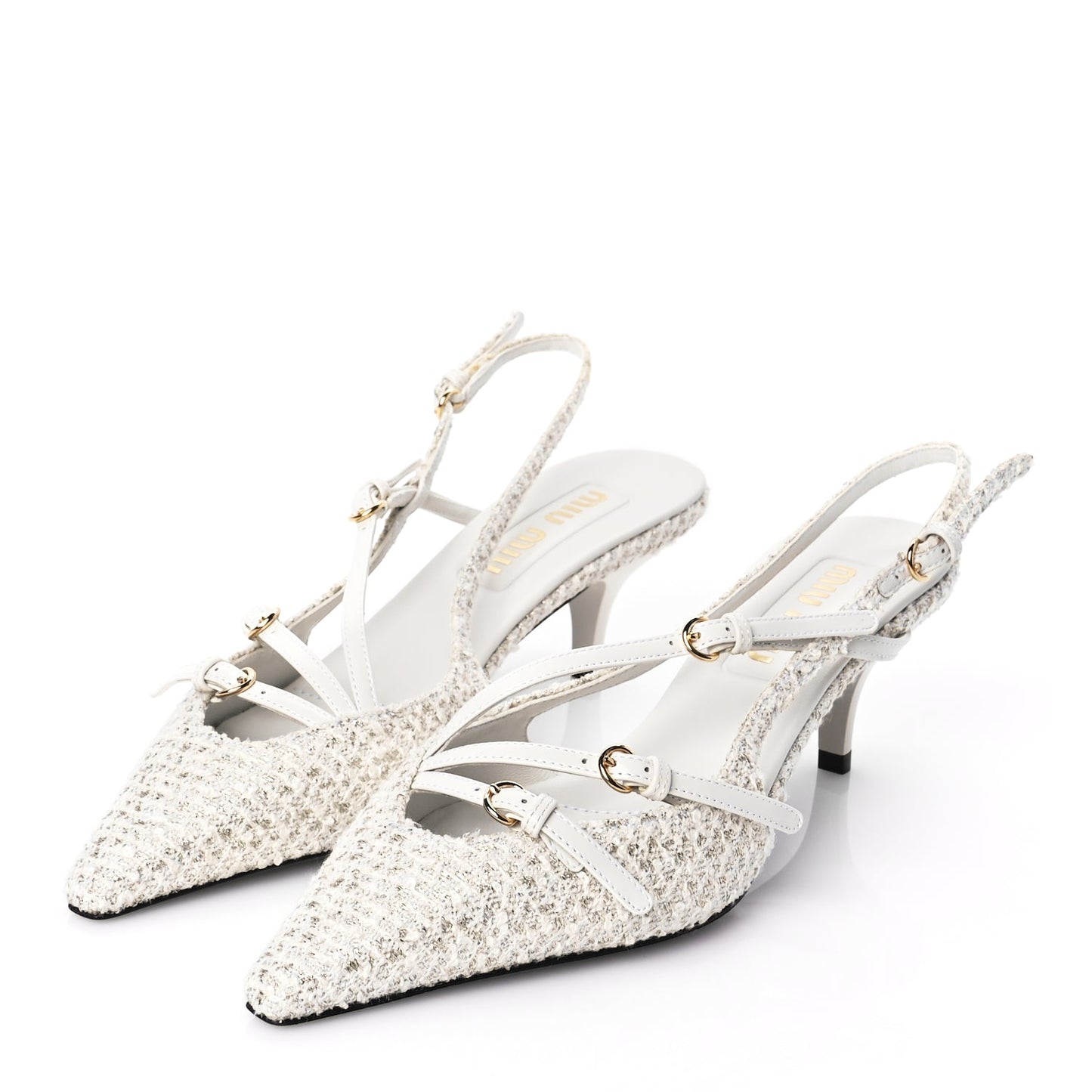 Miu Miu Tweed Buckle 55mm Slingback Pumps 37 White