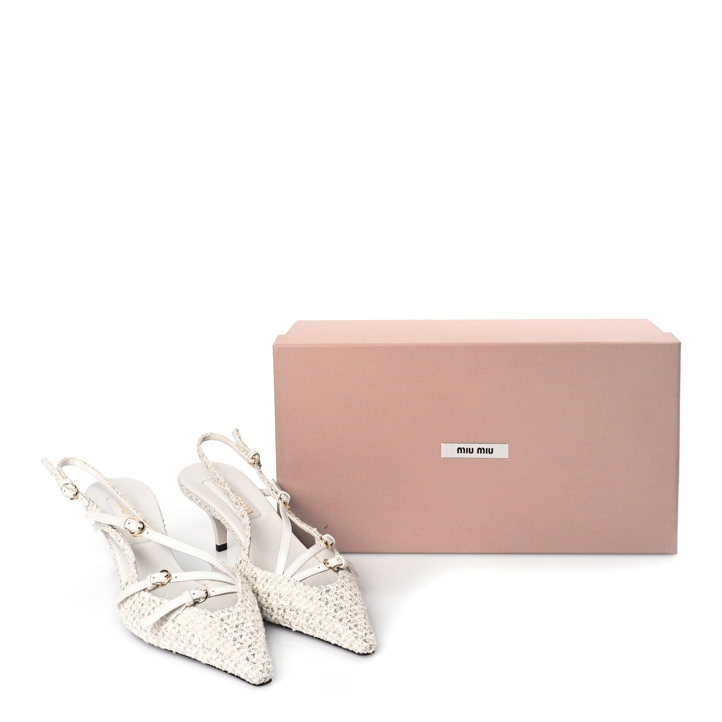 Miu Miu Tweed Buckle 55mm Slingback Pumps 37 White