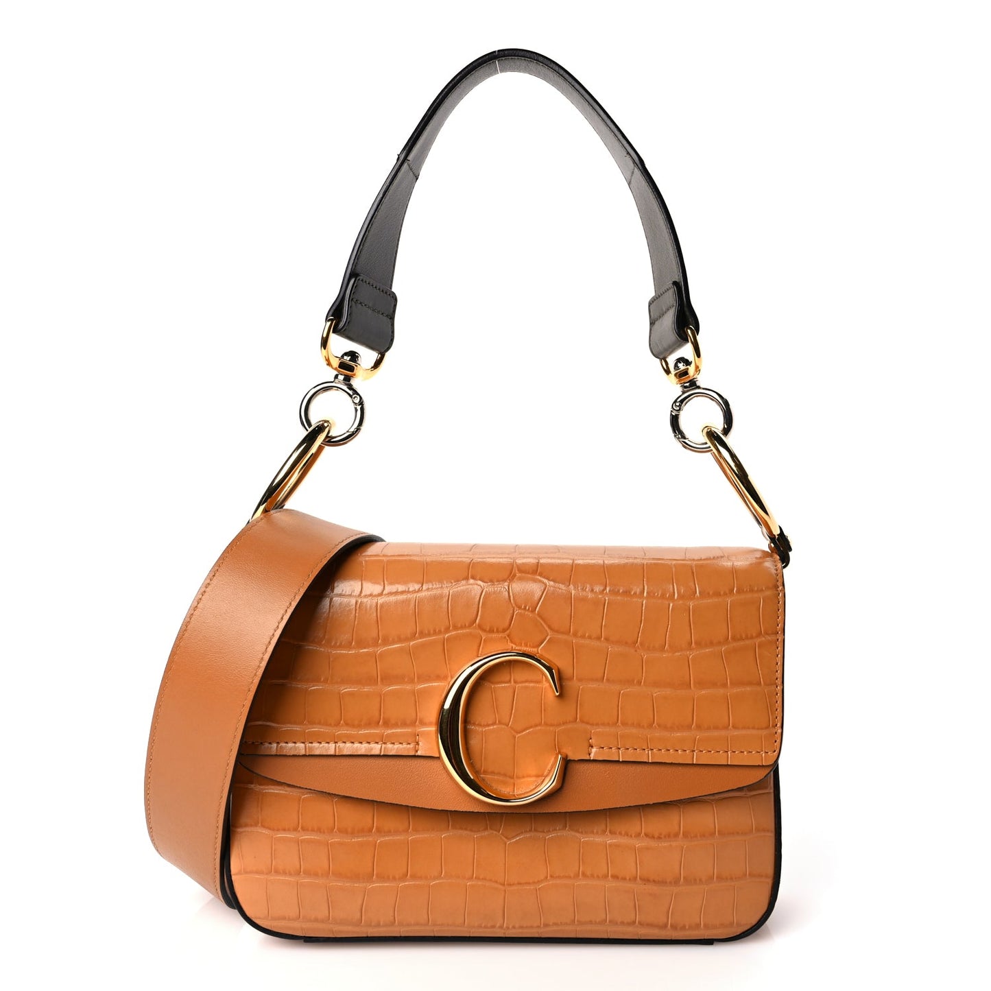 Chloe Calfskin Crocodile Embossed Small C Double Carry Autumnal Brown