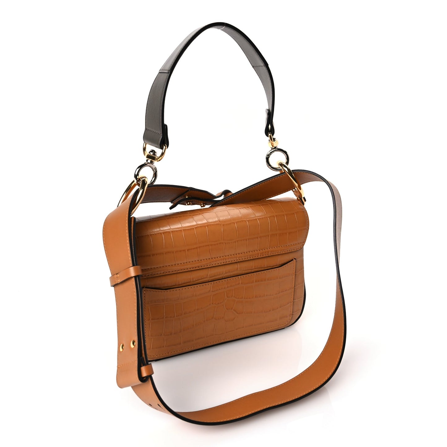 Chloe Calfskin Crocodile Embossed Small C Double Carry Autumnal Brown