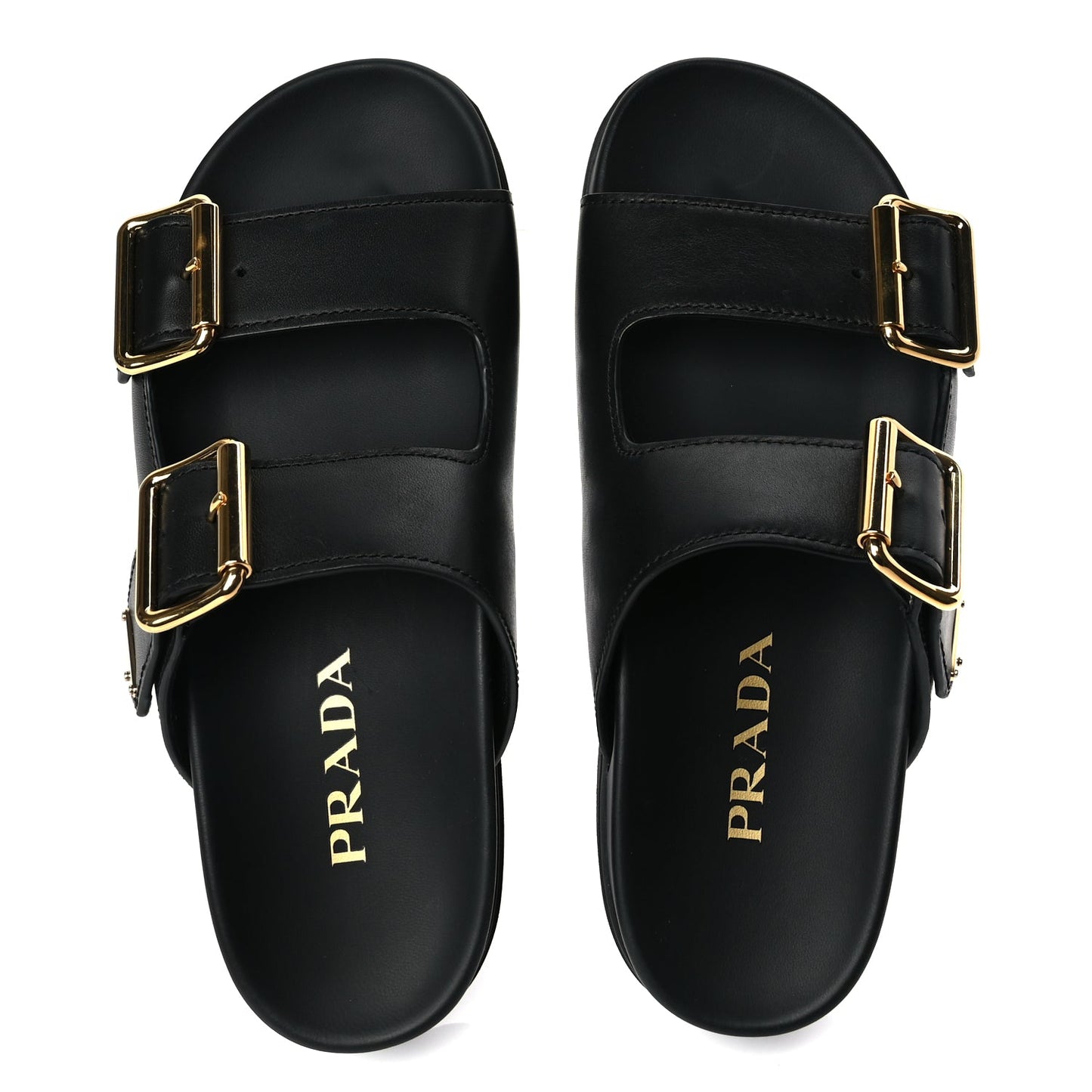 Prada Vitello Sport Metal Triangle Logo Womens Double Buckle 20mm Slide Sandals Black