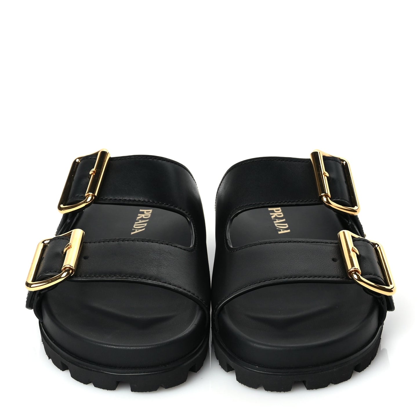 Prada Vitello Sport Metal Triangle Logo Womens Double Buckle 20mm Slide Sandals Black