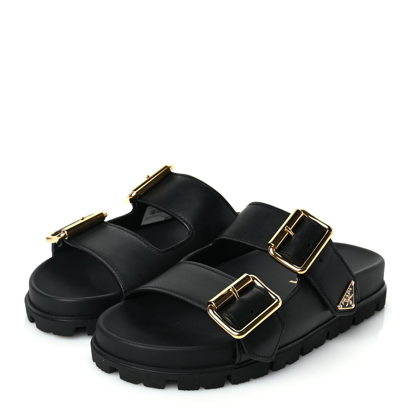 Prada Vitello Sport Metal Triangle Logo Womens Double Buckle 20mm Slide Sandals Black