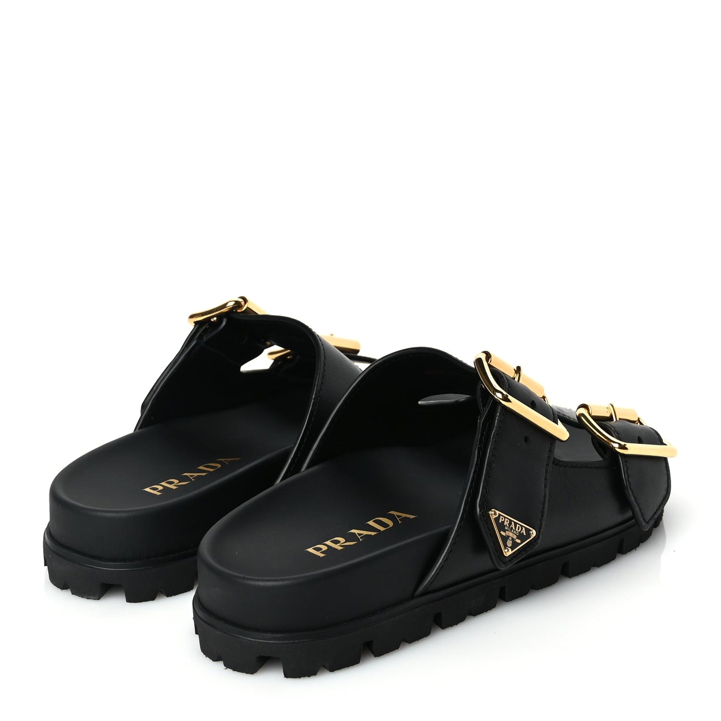 Prada Vitello Sport Metal Triangle Logo Womens Double Buckle 20mm Slide Sandals Black