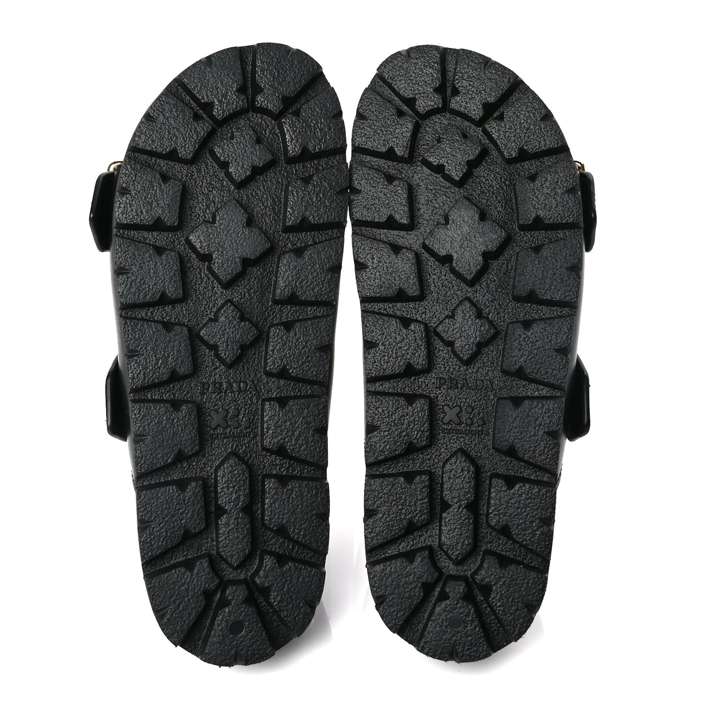 Prada Vitello Sport Metal Triangle Logo Womens Double Buckle 20mm Slide Sandals Black