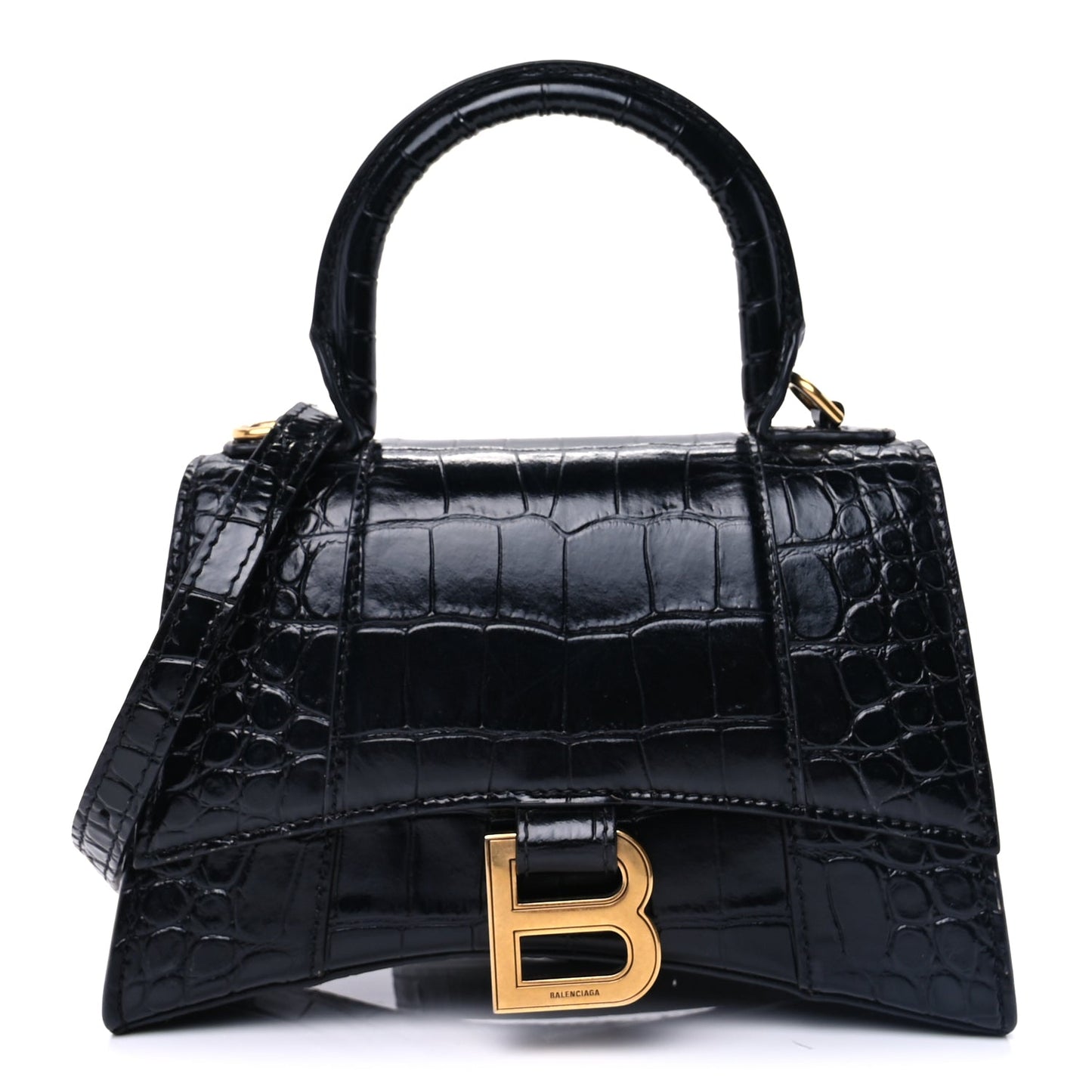 Balenciaga Shiny Calfskin Crocodile Embossed Hourglass Top Handle Bag XS  Black
