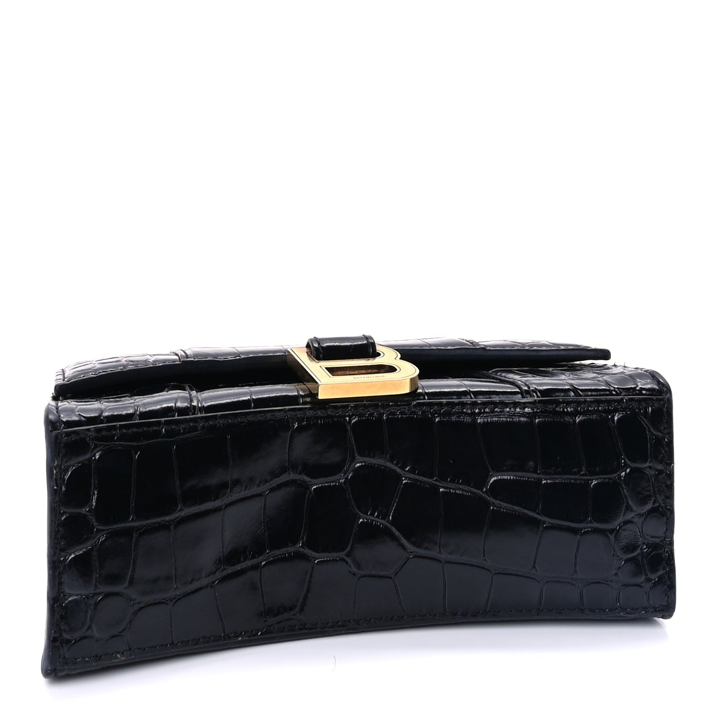 Balenciaga Shiny Calfskin Crocodile Embossed Hourglass Top Handle Bag XS  Black