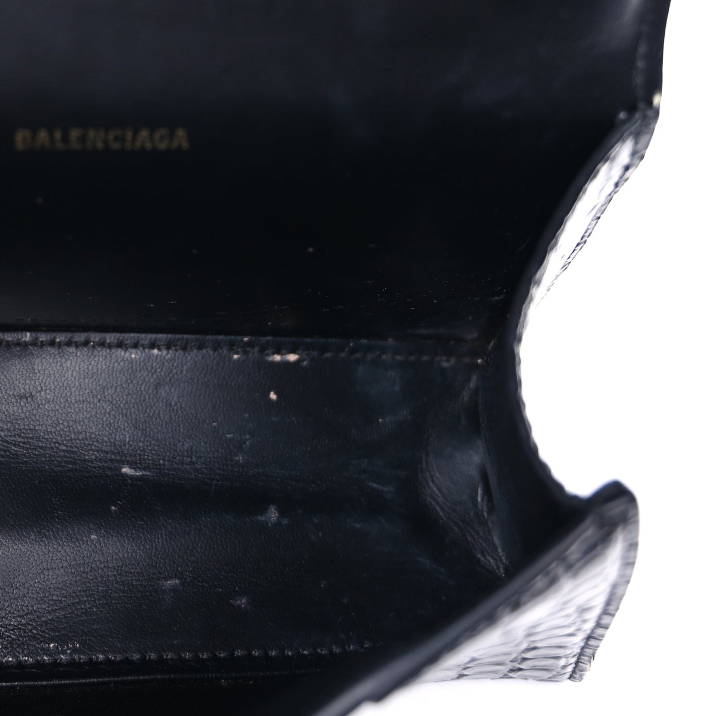 Balenciaga Shiny Calfskin Crocodile Embossed Hourglass Top Handle Bag XS  Black