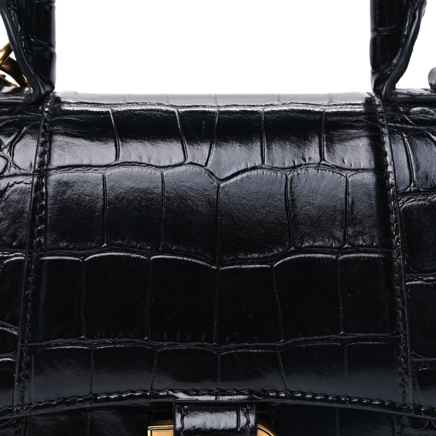 Balenciaga Shiny Calfskin Crocodile Embossed Hourglass Top Handle Bag XS  Black