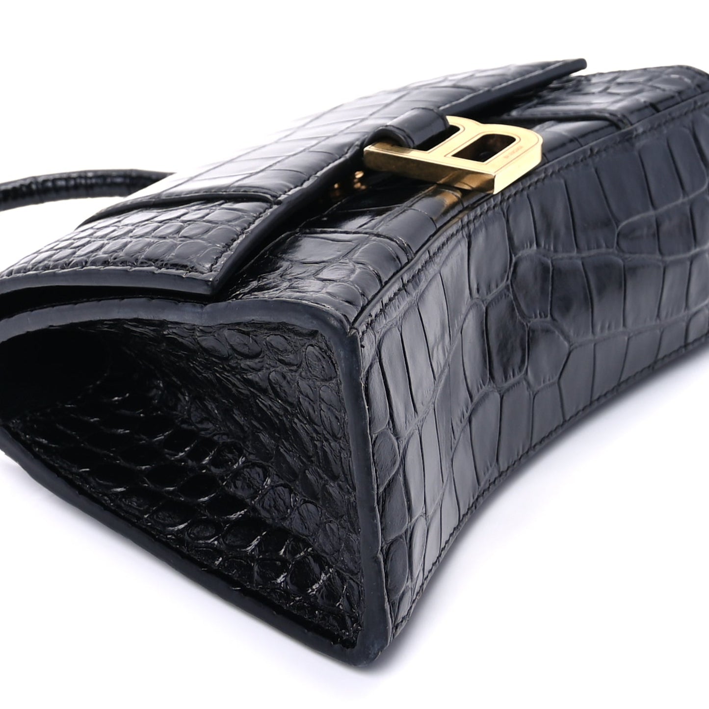 Balenciaga Shiny Calfskin Crocodile Embossed Hourglass Top Handle Bag XS  Black