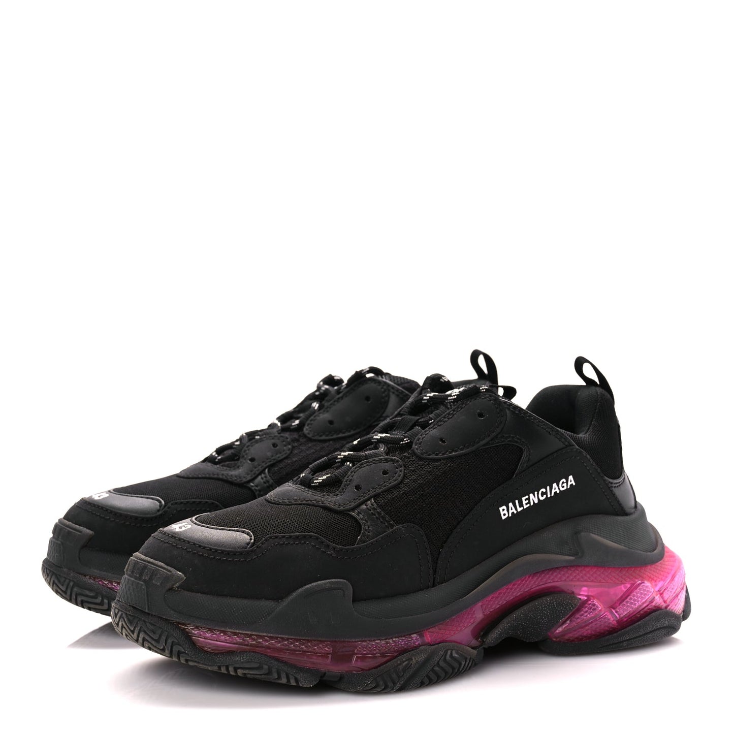 Balenciaga Fabric Mesh Clear Sole Mens Triple S Sneakers  Black Pink Neon