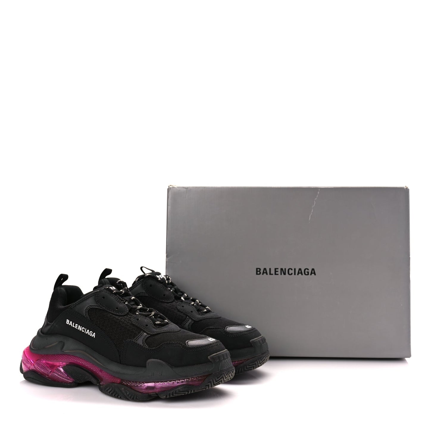 Balenciaga Fabric Mesh Clear Sole Mens Triple S Sneakers  Black Pink Neon