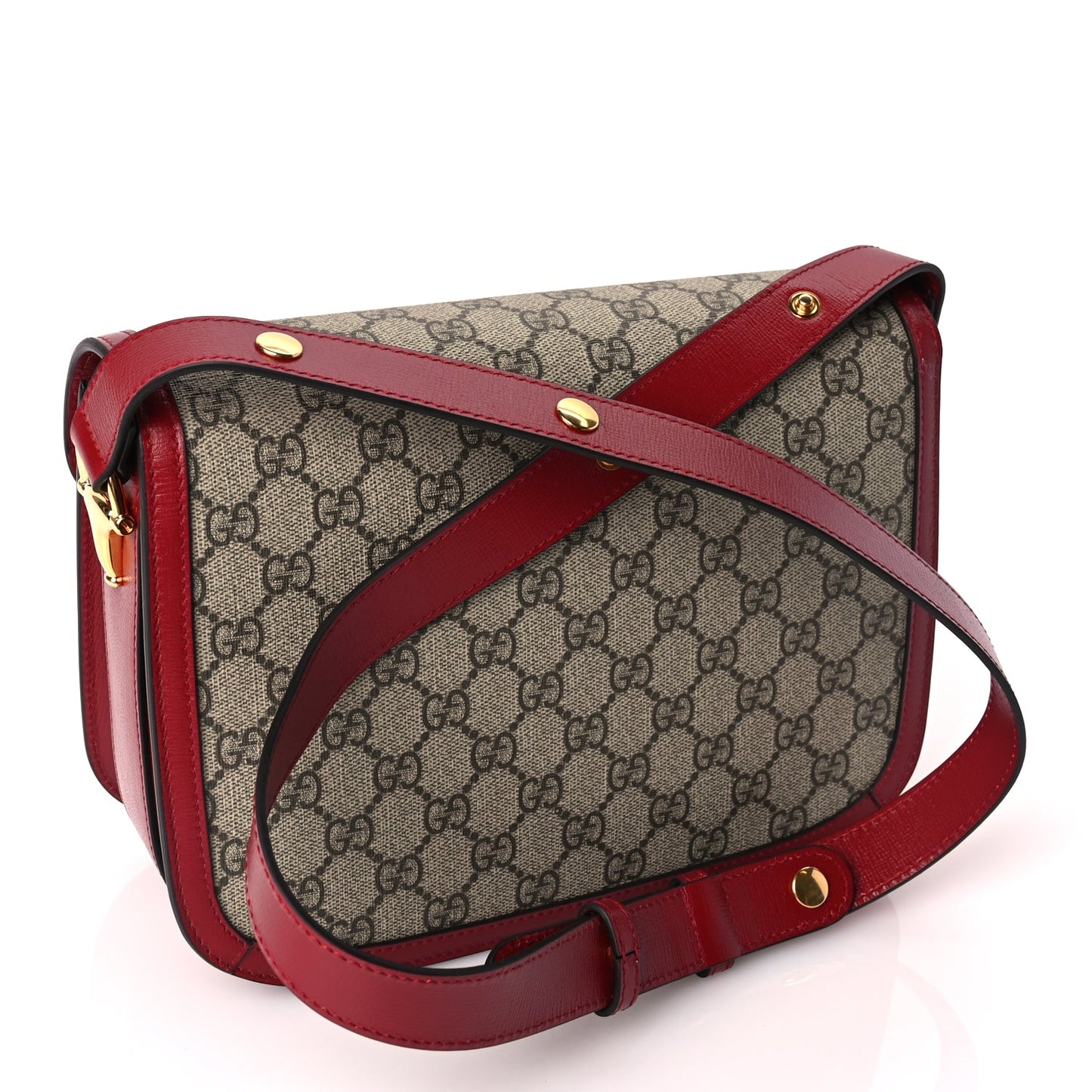 Gucci GG Supreme Monogram Azalea Calfskin Horsebit 1955 Shoulder Bag Beige Ebony New Cherry Red