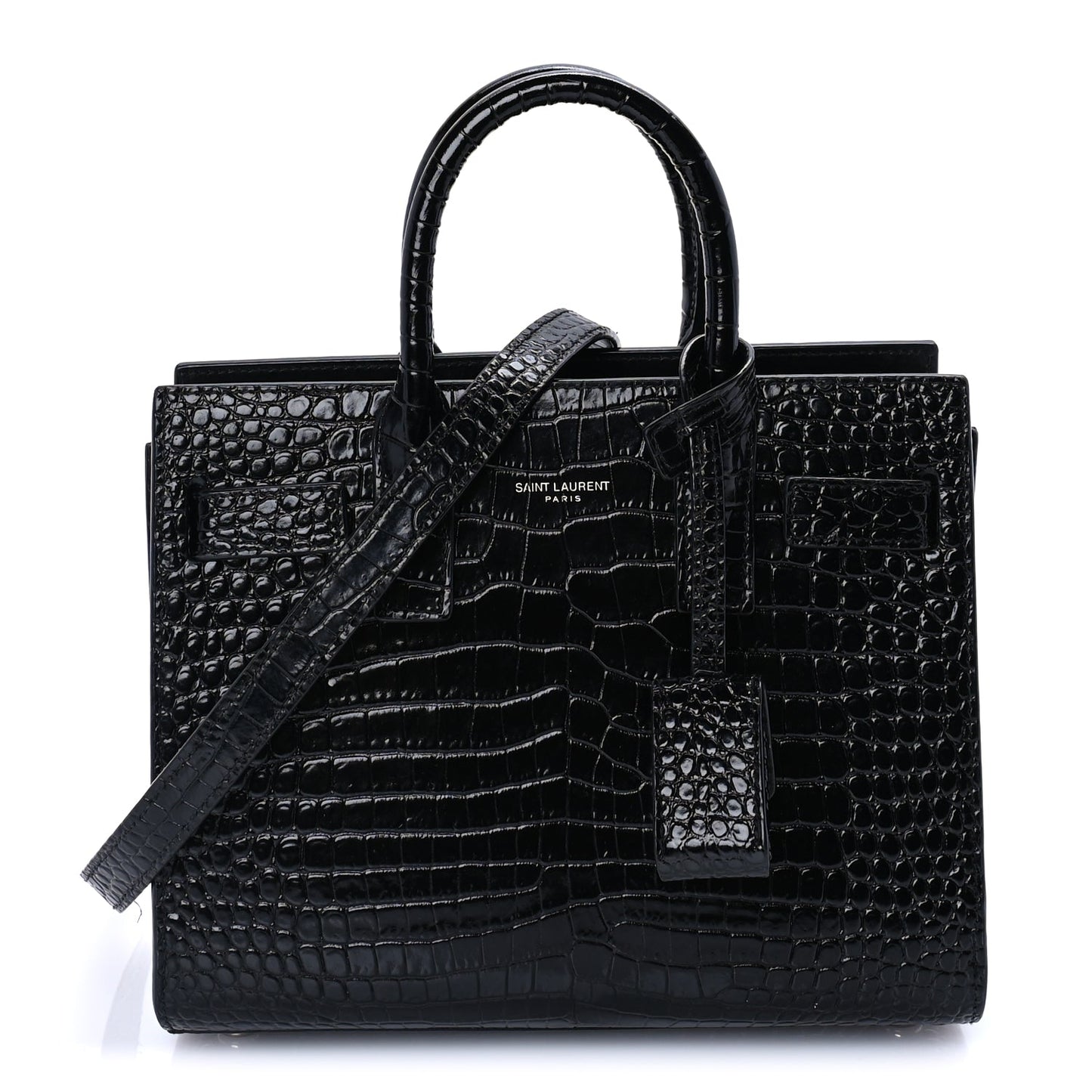 Saint Laurent Calfskin Crocodile Embossed Nano Sac De Jour Black