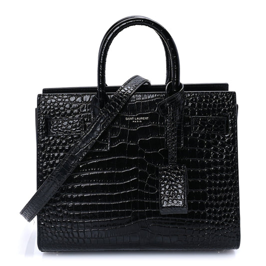 Saint Laurent Calfskin Crocodile Embossed Nano Sac De Jour Black