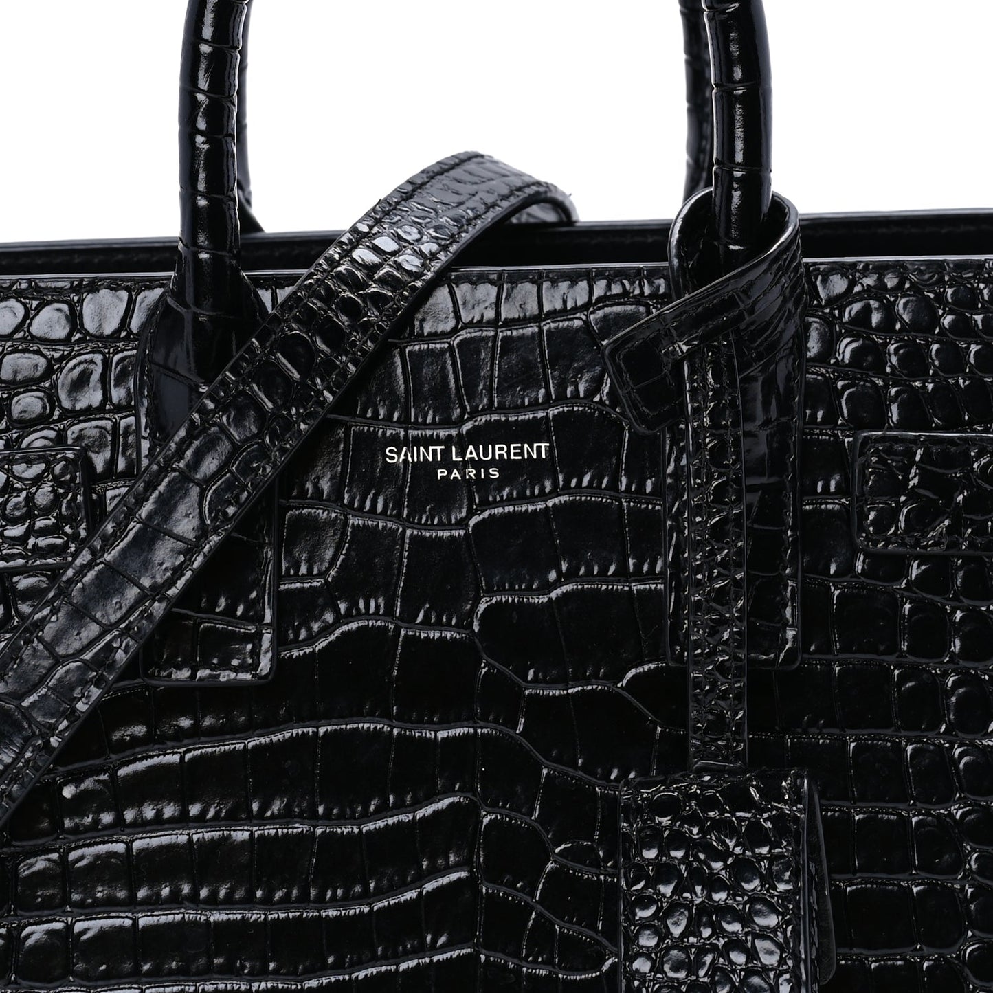 Saint Laurent Calfskin Crocodile Embossed Nano Sac De Jour Black
