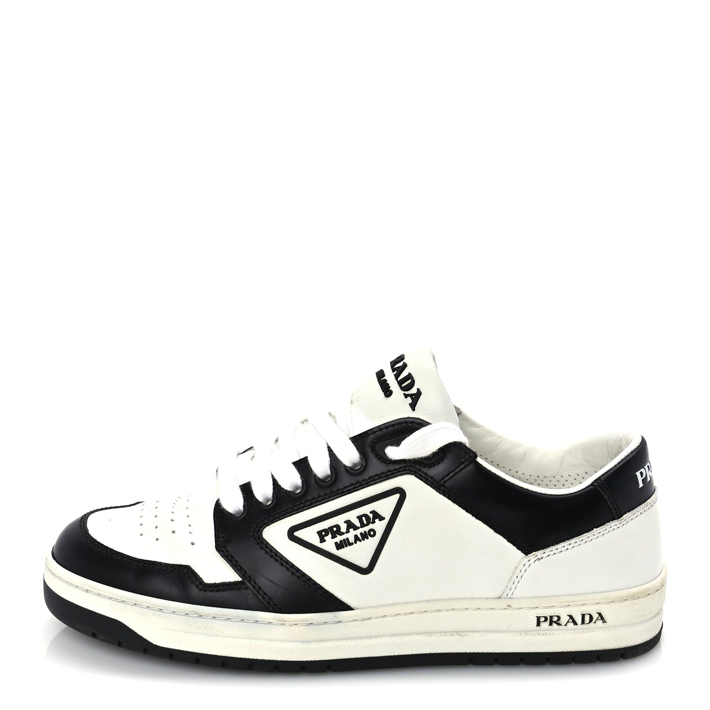 Prada Vitello Sport Spazzolato Rois Triangle Logo Womens Downtown Low Top 30mm Sneakers 38 White Black