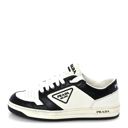 Prada Vitello Sport Spazzolato Rois Triangle Logo Womens Downtown Low Top 30mm Sneakers 38 White Black