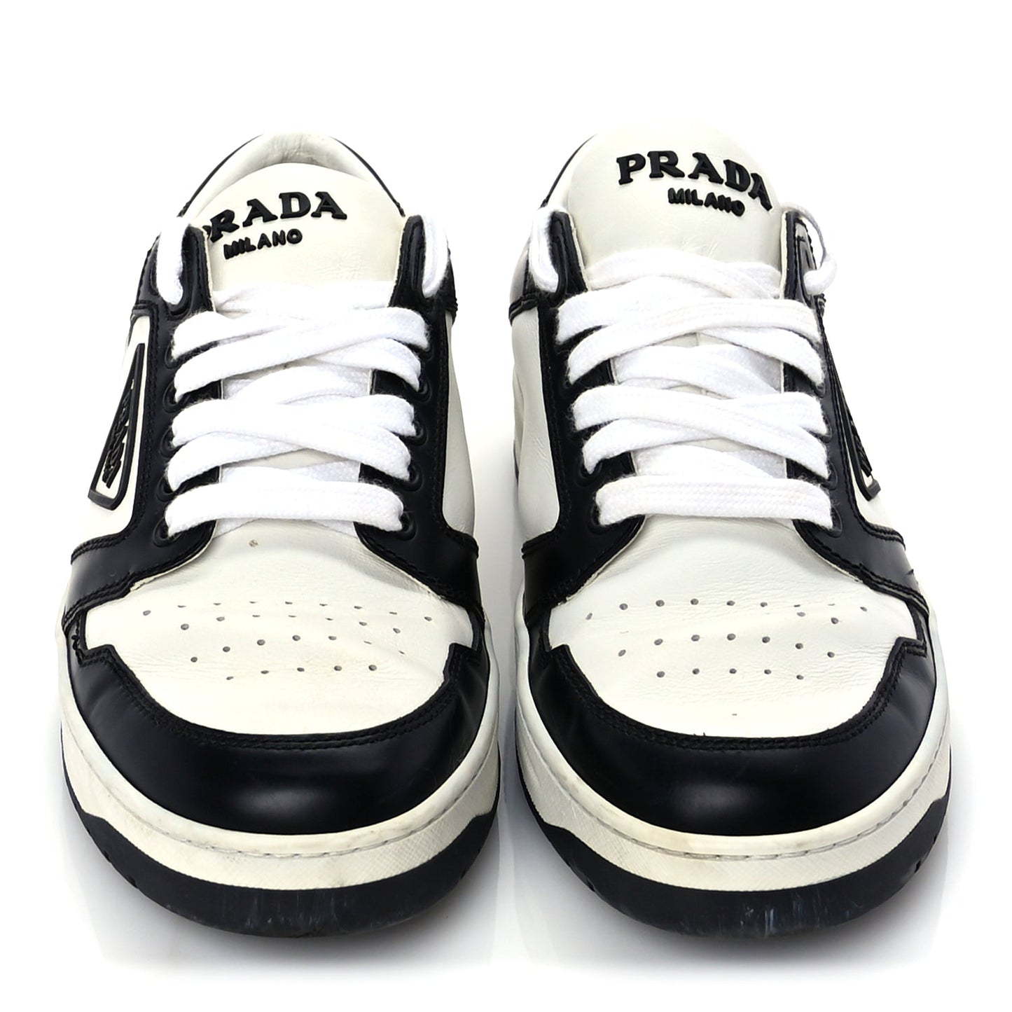 Prada Vitello Sport Spazzolato Rois Triangle Logo Womens Downtown Low Top 30mm Sneakers 38 White Black