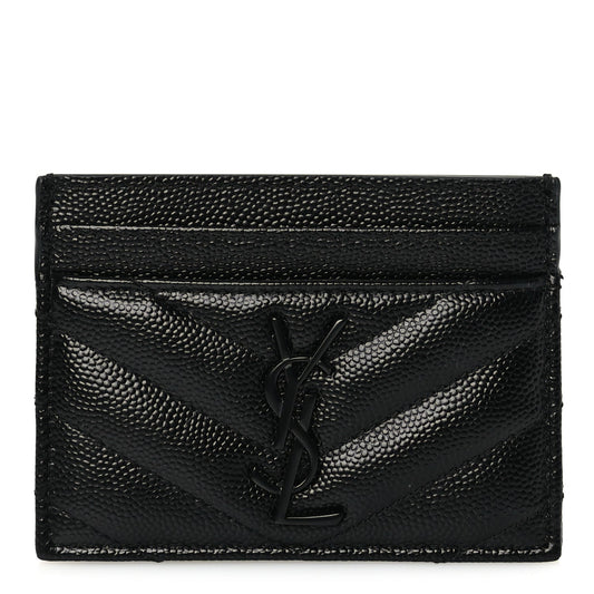 Saint Laurent Grain De Poudre Matelasse Chevron Monochrome Monogram Credit Card Case Black