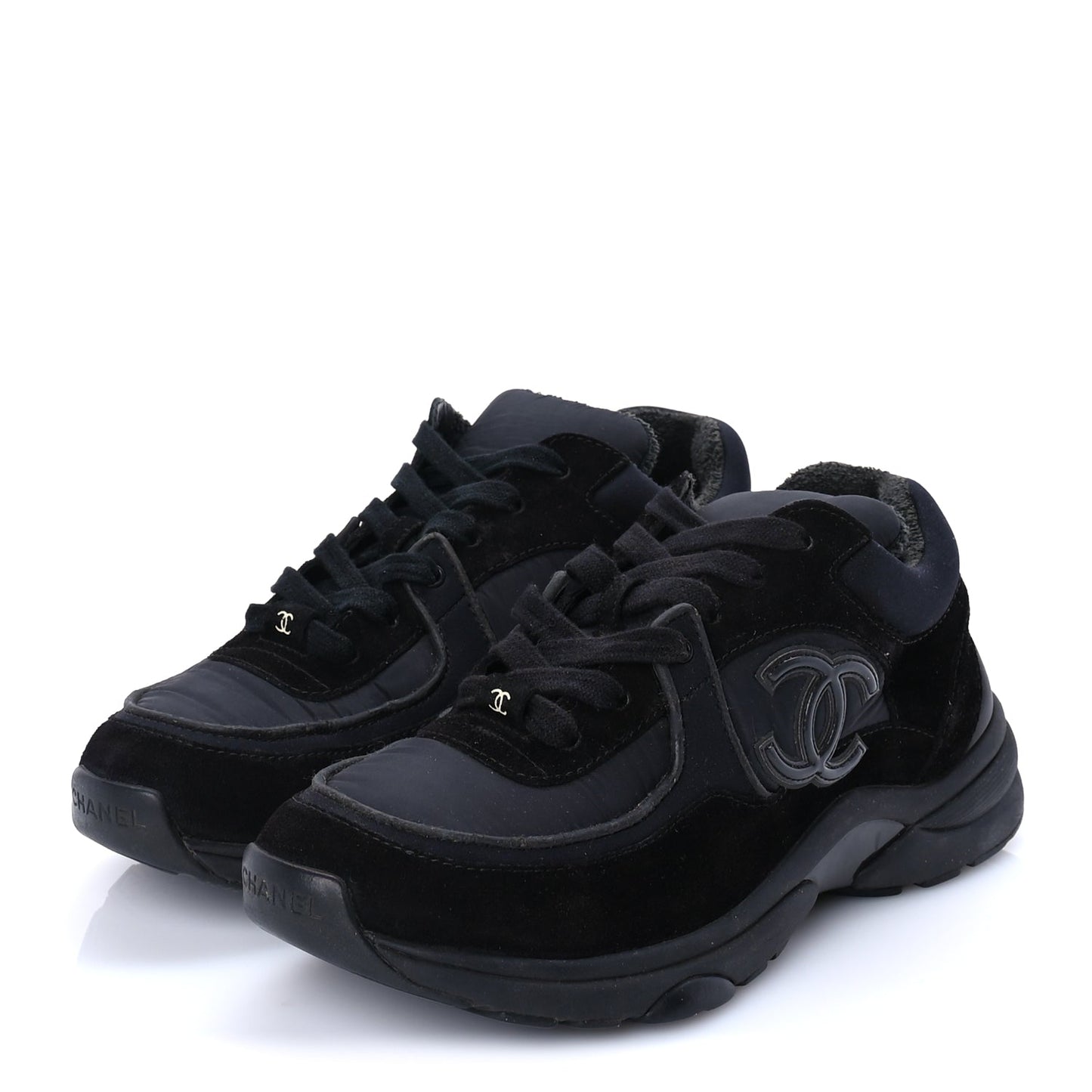 Chanel Fabric Calfskin Suede CC Sneakers 38 Black