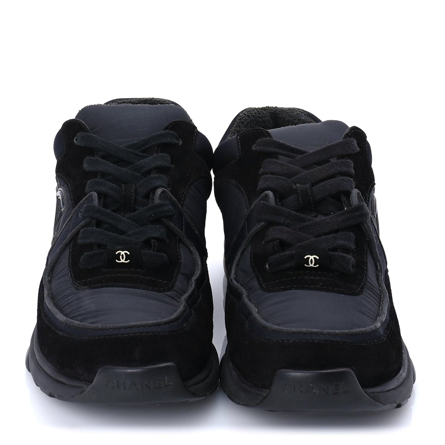 Chanel Fabric Calfskin Suede CC Sneakers 38 Black