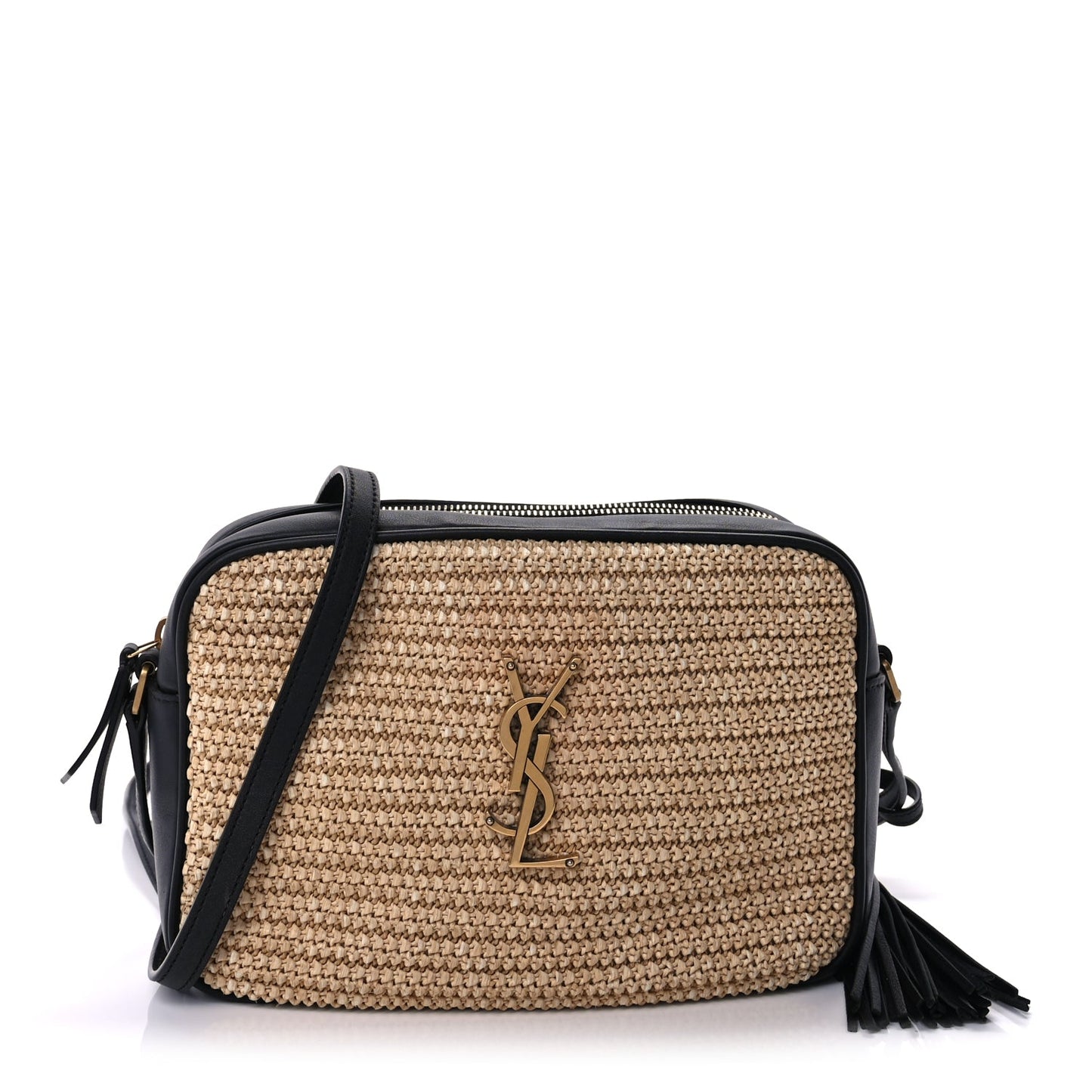Saint Laurent Raffia Canvas Monogram Lou Camera Bag Beige Black