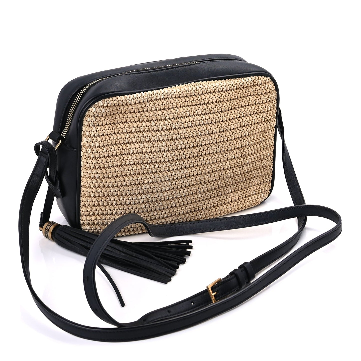 Saint Laurent Raffia Canvas Monogram Lou Camera Bag Beige Black