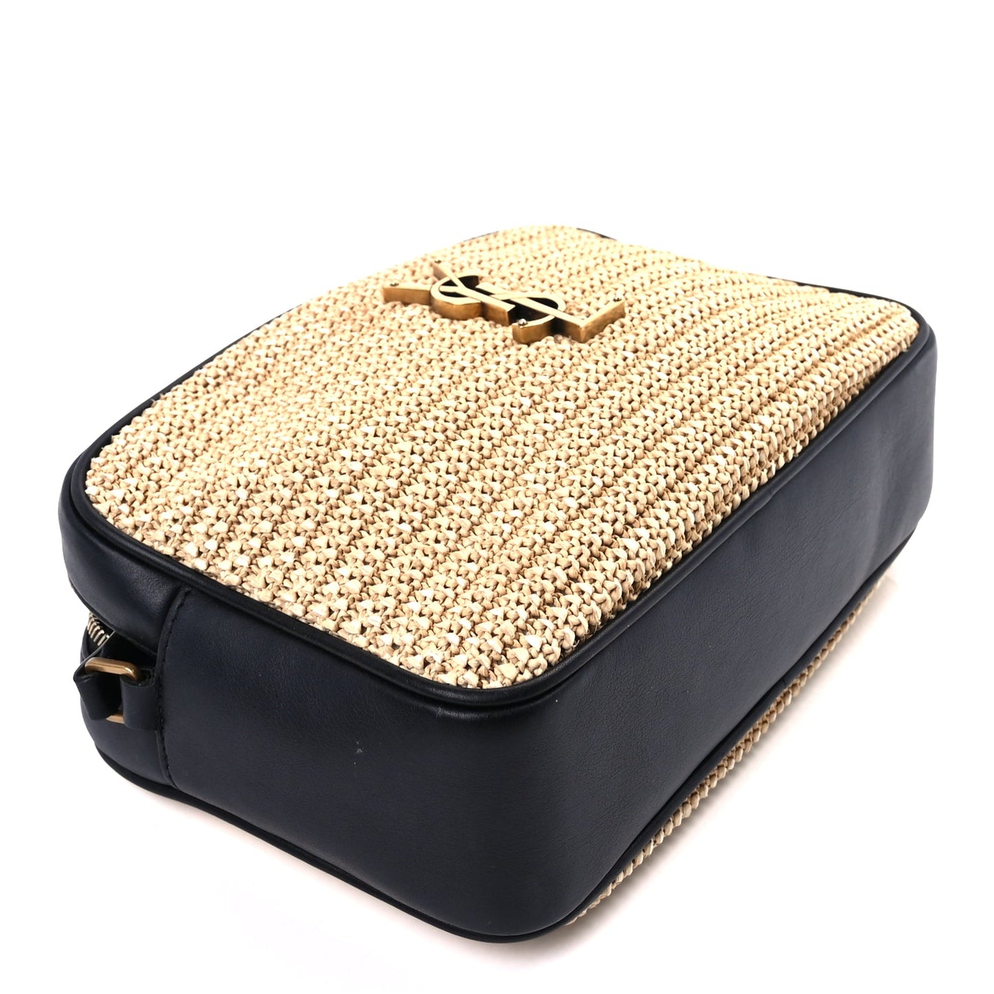 Saint Laurent Raffia Canvas Monogram Lou Camera Bag Beige Black